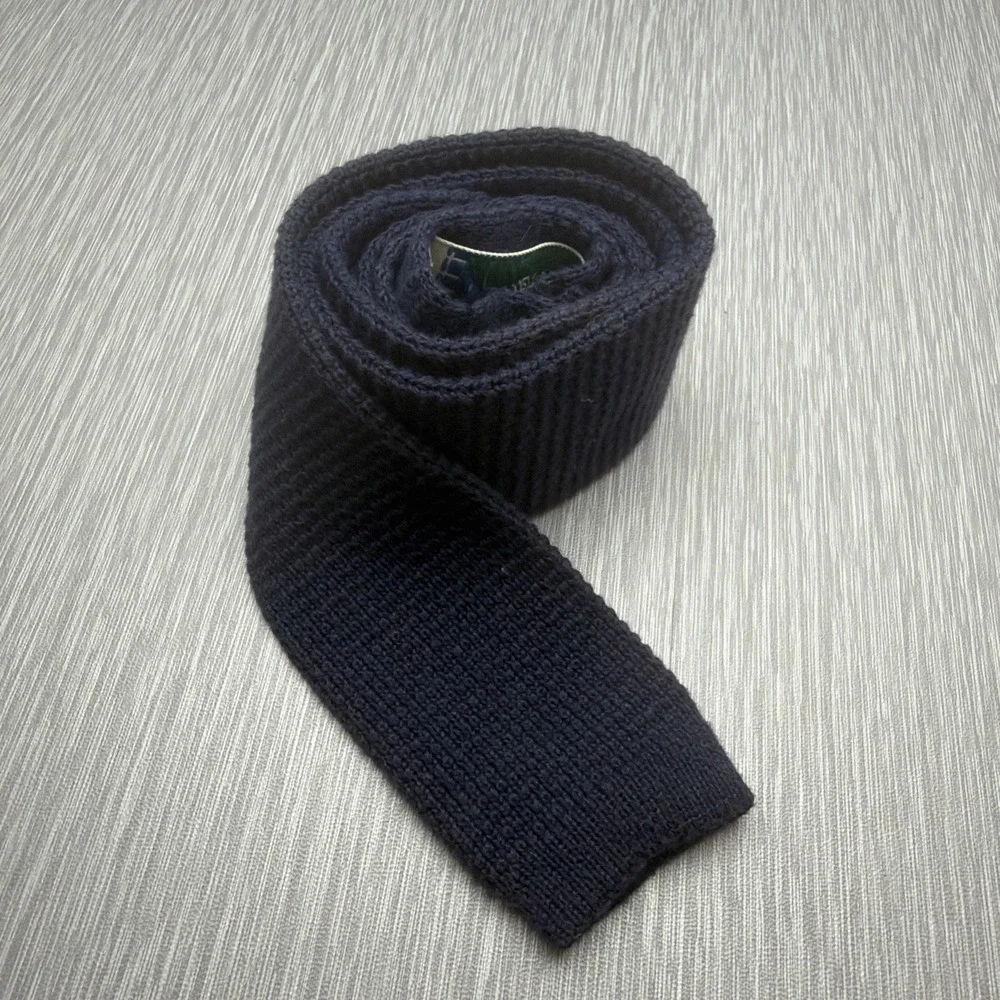 Tattersall Knit Tie Navy Blue Silk Men's Vintage Square End Necktie